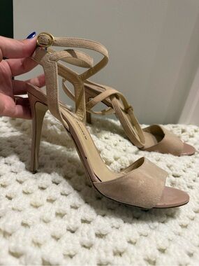 Paul Andrew Italy Beige Nude Suede & Patent Leather Strap Heels